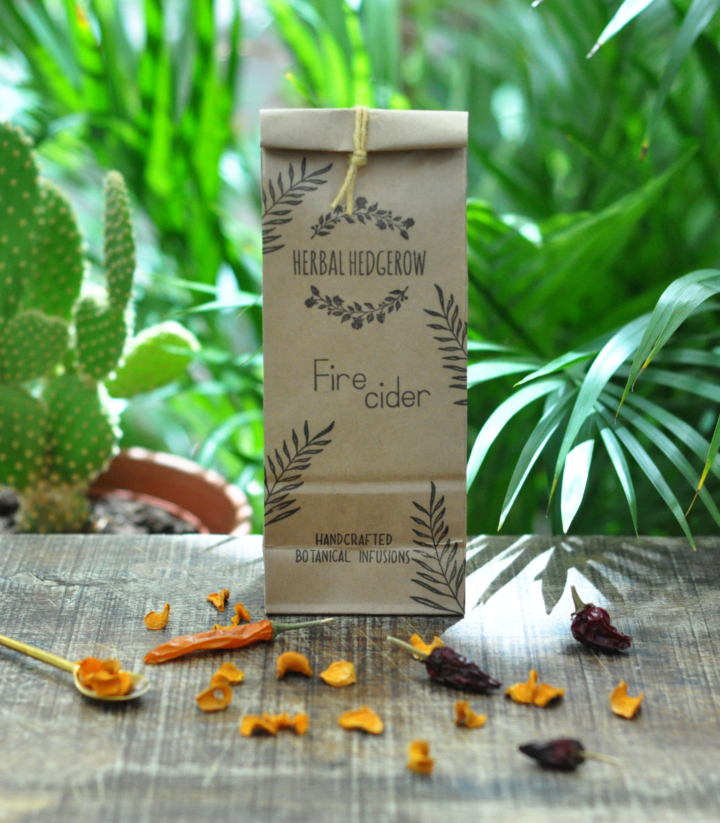 Branded product bag with herbal tea and ingredients