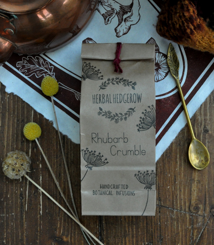 Branded product bag with herbal tea and ingredients